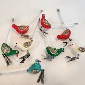 8 Vtg 1950's Christmas Ornaments Clip On Birds Spun Tails Flocked Glitter Wings